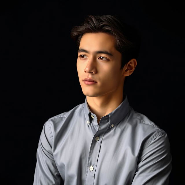 A 21-year-old young man wearing a crisp formal shirt, styled with down hair, looking thoughtfully to the side against a light black background