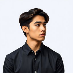 A 21-year-old young man wearing a crisp formal shirt, styled with down hair, looking thoughtfully to the side against a light black background