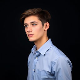 A 21-year-old young man wearing a crisp formal shirt, styled with down hair, looking thoughtfully to the side against a light black background