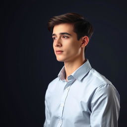 A 21-year-old young man wearing a crisp formal shirt, styled with down hair, looking thoughtfully to the side against a light black background