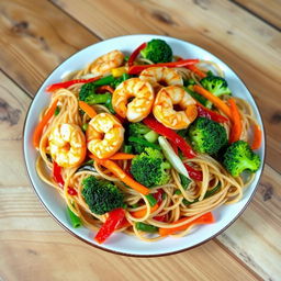 A vibrant plate of whole wheat noodles tossed with a colorful array of fresh vegetables, featuring bright bell peppers, crunchy broccoli, and crispy carrots, garnished with succulent shrimp pieces