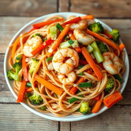 A vibrant plate of whole wheat noodles tossed with a colorful array of fresh vegetables, featuring bright bell peppers, crunchy broccoli, and crispy carrots, garnished with succulent shrimp pieces