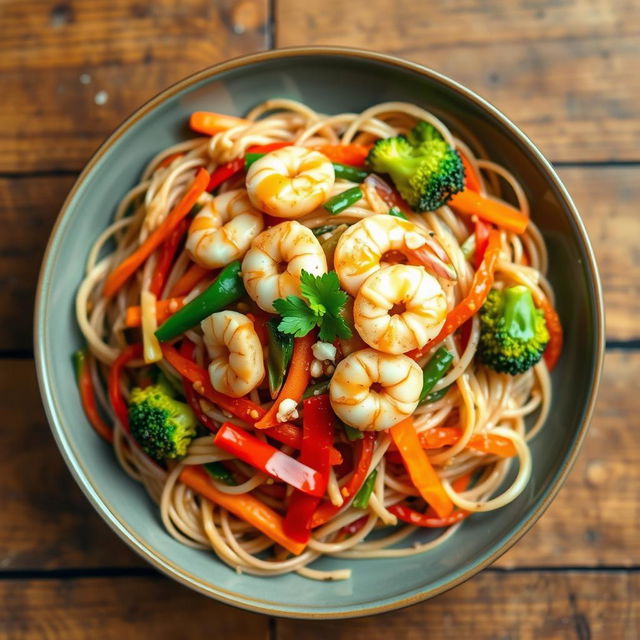 A vibrant plate of whole wheat noodles tossed with a colorful array of fresh vegetables, featuring bright bell peppers, crunchy broccoli, and crispy carrots, garnished with succulent shrimp pieces