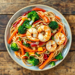 A vibrant plate of whole wheat noodles tossed with a colorful array of fresh vegetables, featuring bright bell peppers, crunchy broccoli, and crispy carrots, garnished with succulent shrimp pieces