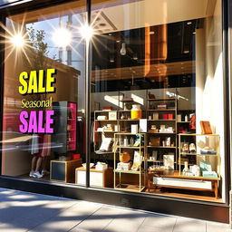 An elegant storefront window display showcasing an array of vibrant merchandise