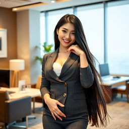 A beautiful South Korean woman with very large breasts, playfully posing in a modern office setting