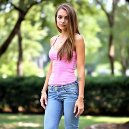 A flirty 32-year-old woman with long light brown hair, wearing a small tight pink tank top and tight low-rise jeans