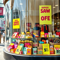 A vibrant and eye-catching window display, showcasing a variety of products designed for advertising purposes