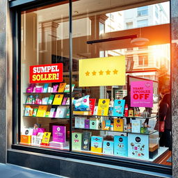 A vibrant and eye-catching window display, showcasing a variety of products designed for advertising purposes