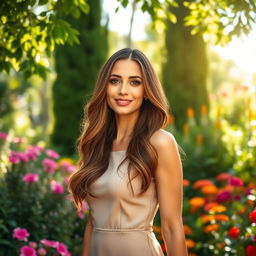 An elegant and confident woman standing in a lush garden filled with colorful flowers and greenery