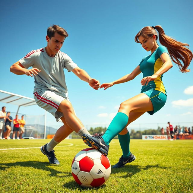 A dynamic scene depicting a male figure energetically pushing a vibrant soccer ball towards a female figure who is skillfully stopping the ball with her foot