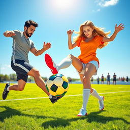 A dynamic scene depicting a male figure energetically pushing a vibrant soccer ball towards a female figure who is skillfully stopping the ball with her foot
