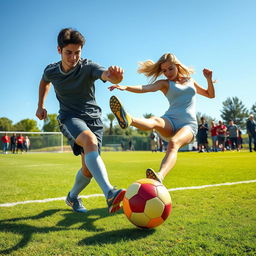 A dynamic scene depicting a male figure energetically pushing a vibrant soccer ball towards a female figure who is skillfully stopping the ball with her foot
