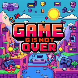 A vibrant pixel art style Twitch cover featuring the text "GAME IS NOT OVER" prominently displayed in a bold and playful font