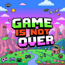 A vibrant pixel art style Twitch cover featuring the text "GAME IS NOT OVER" prominently displayed in a bold and playful font