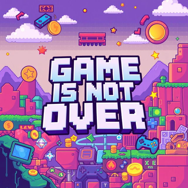 A vibrant pixel art style Twitch cover featuring the text "GAME IS NOT OVER" prominently displayed in a bold and playful font