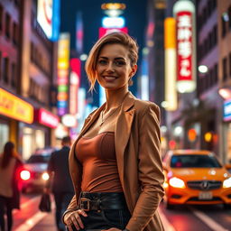 A captivating portrait of a woman standing confidently on a bustling city street at night