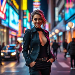 A captivating portrait of a woman standing confidently on a bustling city street at night