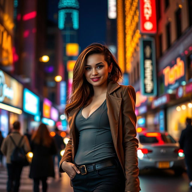 A captivating portrait of a woman standing confidently on a bustling city street at night