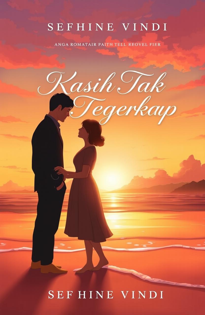 A romantic and emotional book cover for the novel 'Kasih Tak Terungkap' by Sefhine Vindi, featuring a beautifully illustrated scene of a couple standing on a serene beach at sunset