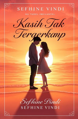 A romantic and emotional book cover for the novel 'Kasih Tak Terungkap' by Sefhine Vindi, featuring a beautifully illustrated scene of a couple standing on a serene beach at sunset