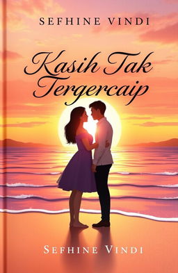 A romantic and emotional book cover for the novel 'Kasih Tak Terungkap' by Sefhine Vindi, featuring a beautifully illustrated scene of a couple standing on a serene beach at sunset