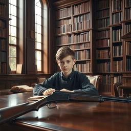 A boy studying in a classic library room filled with towering shelves crammed with huge books