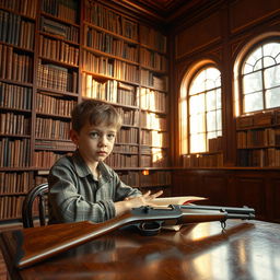 A boy studying in a classic library room filled with towering shelves crammed with huge books