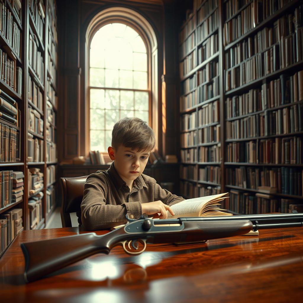 A boy studying in a classic library room filled with towering shelves crammed with huge books