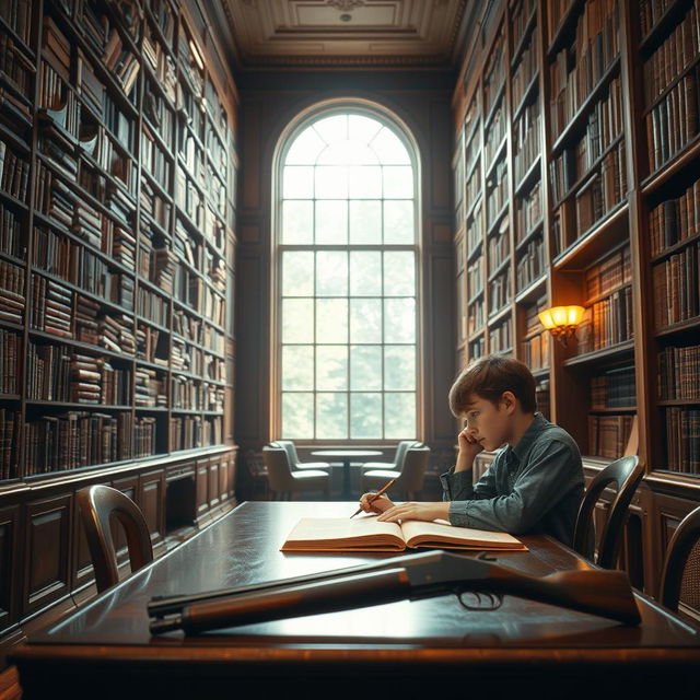 A boy studying in a classic library room filled with towering shelves crammed with huge books