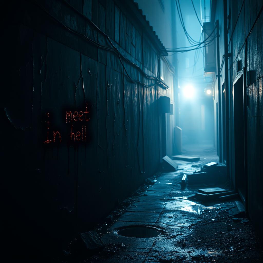 A gritty urban scene featuring a dark, ominous alleyway