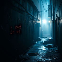 A gritty urban scene featuring a dark, ominous alleyway