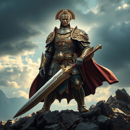 A majestic and imposing ancient armored commander, clad in intricately designed armor that reflects the sunlight