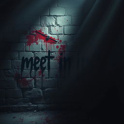 An eerie and dimly lit scene depicting a stone wall splattered with dark red blood