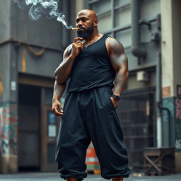 A powerful scene featuring a tall, muscular, bald-headed black man standing confidently at 6'11"