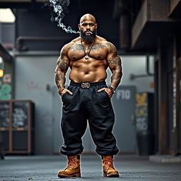 A powerful scene featuring a tall, muscular, bald-headed black man standing confidently at 6'11"