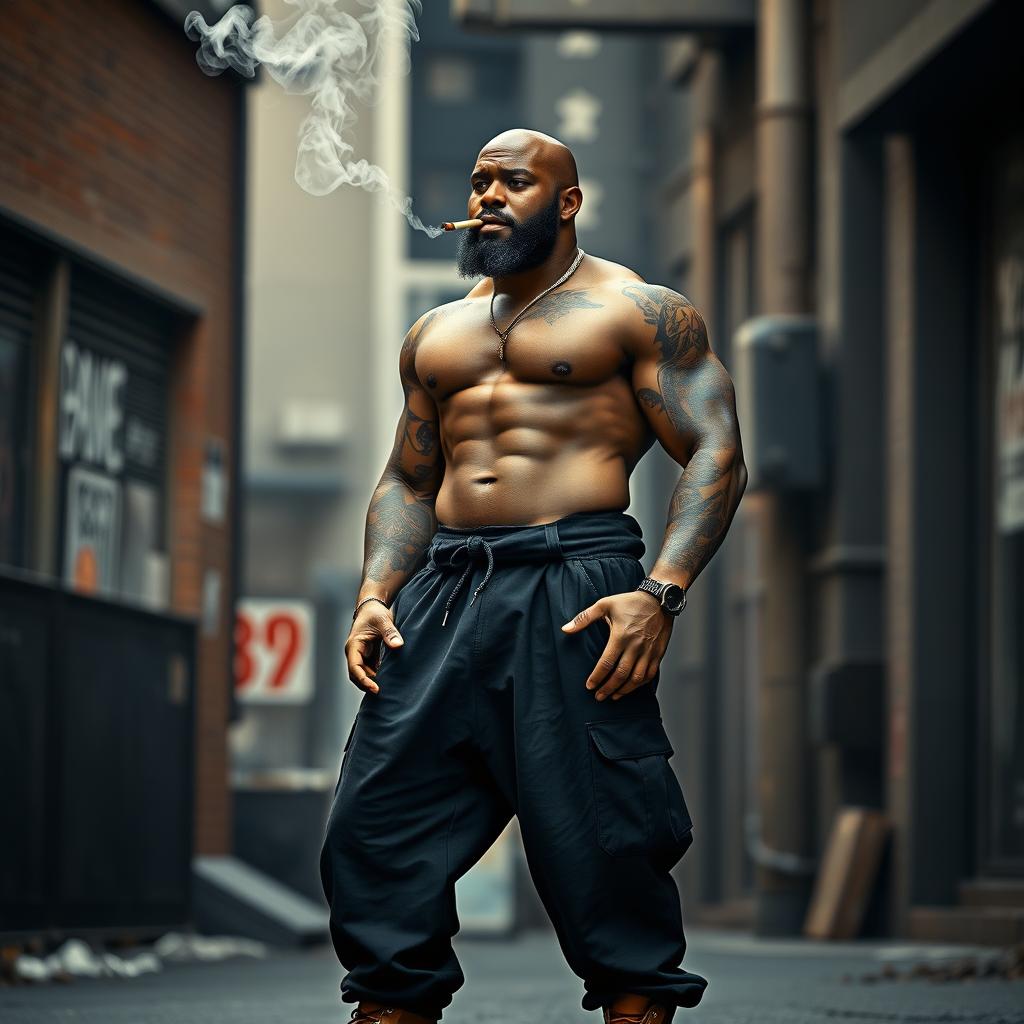 A powerful scene featuring a tall, muscular, bald-headed black man standing confidently at 6'11"