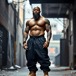 A powerful scene featuring a tall, muscular, bald-headed black man standing confidently at 6'11"