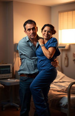 A scene depicting a dramatic moment where a husband is caught in an intimate embrace with a nurse in a softly lit hospital room