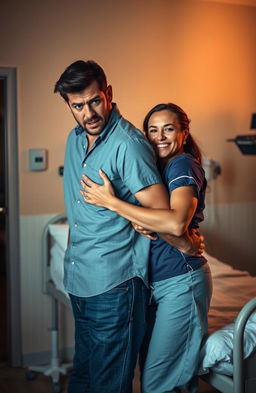 A scene depicting a dramatic moment where a husband is caught in an intimate embrace with a nurse in a softly lit hospital room