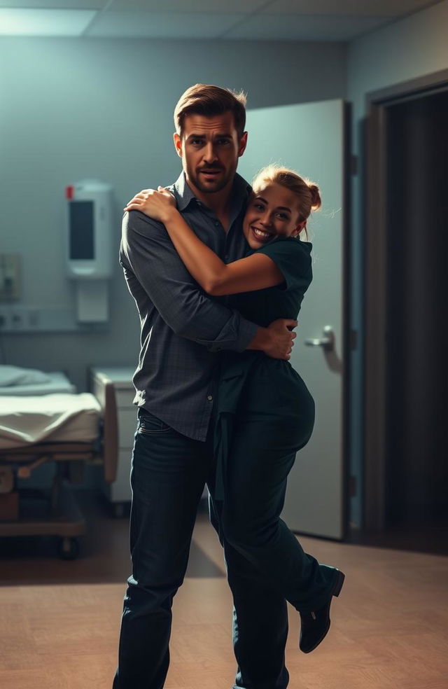 A scene depicting a dramatic moment where a husband is caught in an intimate embrace with a nurse in a softly lit hospital room