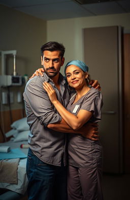 A scene depicting a dramatic moment where a husband is caught in an intimate embrace with a nurse in a softly lit hospital room