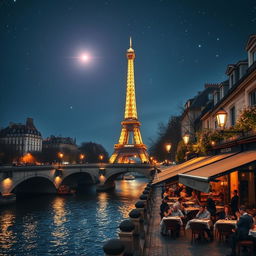 A beautiful nighttime scene of Paris, featuring the iconic Eiffel Tower lit up against a starry sky