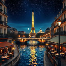 A beautiful nighttime scene of Paris, featuring the iconic Eiffel Tower lit up against a starry sky