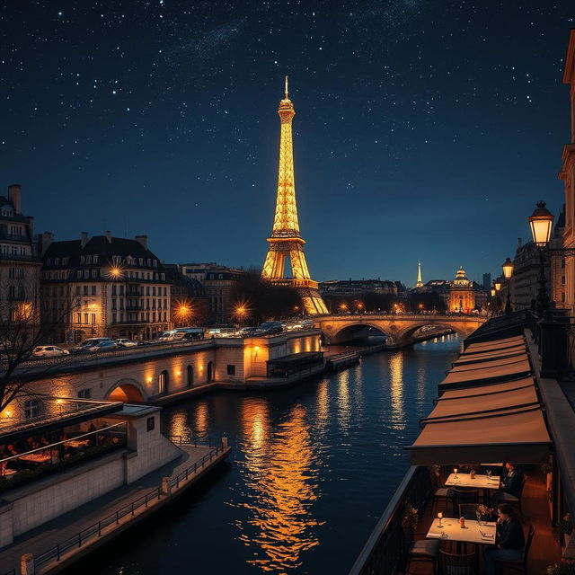 A beautiful nighttime scene of Paris, featuring the iconic Eiffel Tower lit up against a starry sky