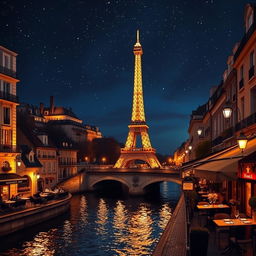 A beautiful nighttime scene of Paris, featuring the iconic Eiffel Tower lit up against a starry sky