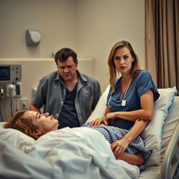 A tense and emotional scene where a husband is caught in a compromising position with a nurse who is caring for his wife in a hospital room