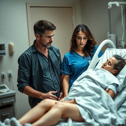 A tense and emotional scene where a husband is caught in a compromising position with a nurse who is caring for his wife in a hospital room