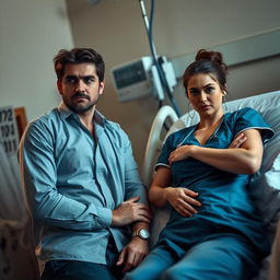 A tense and emotional scene where a husband is caught in a compromising position with a nurse who is caring for his wife in a hospital room