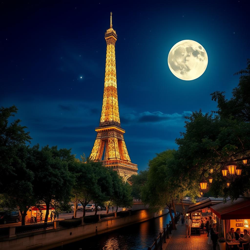 A beautiful night scene in Paris, illuminated by a full moon and twinkling stars